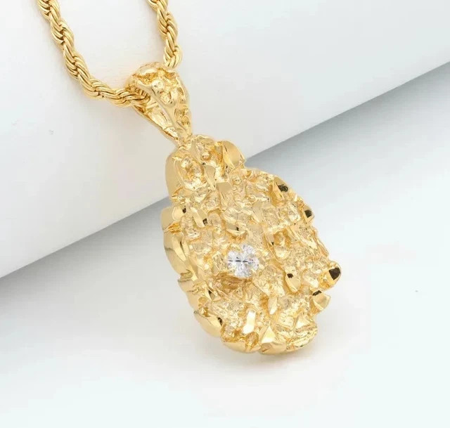 14K Yellow GoldPlatedDiamond Nugget Charm Pendant w/24″ Chain Necklace For Men’s