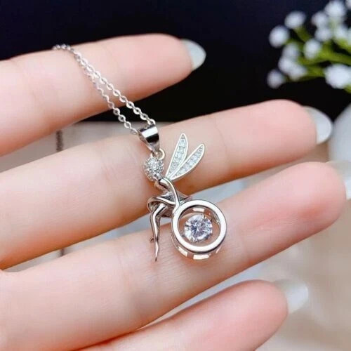 0.60Ct Round Cut Real Moissanite Angel Wings Pendant 14K White Gold Plated Chain