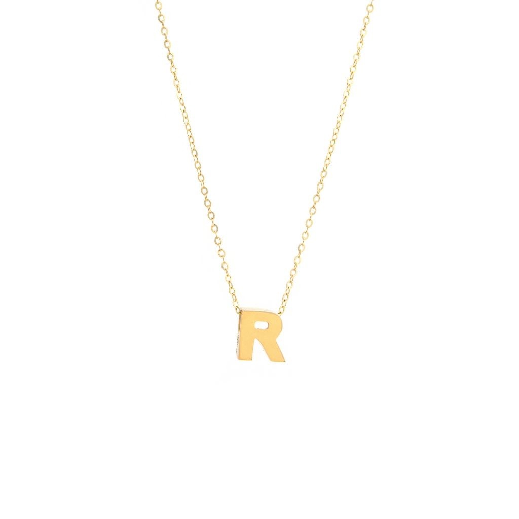 14k Gold Yellow Gold R Initial Letter Minimalist Necklace 16″-18″