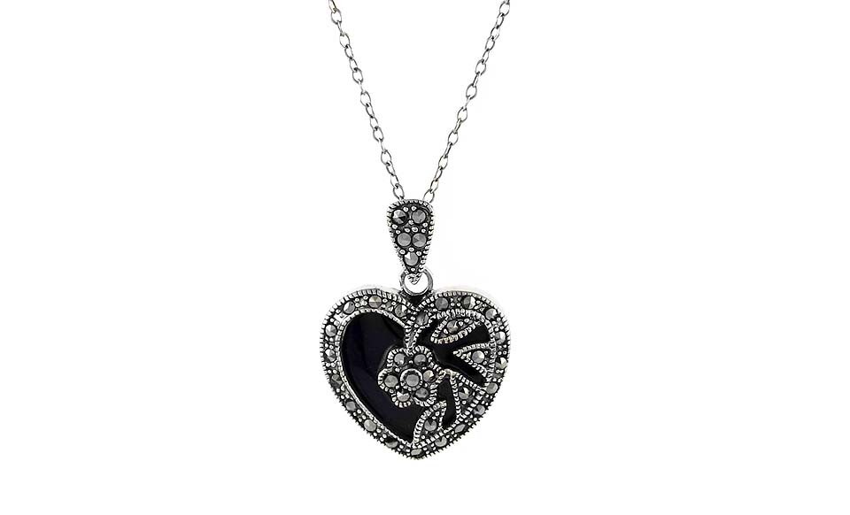 925 Sterling Silver Genuine Marcasite Heart CZ Pendant Necklace – 18″