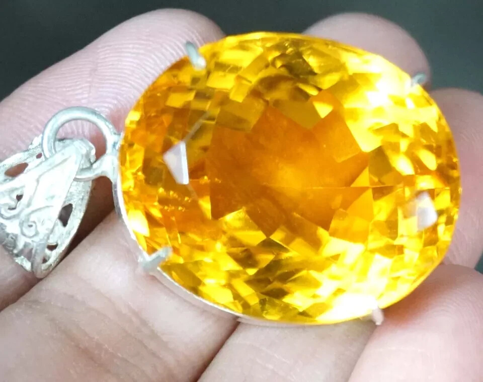 94 Ct+ Natural Yellow Citrine 925 Solid Silver Oval Pendant Loose Gemstone A+