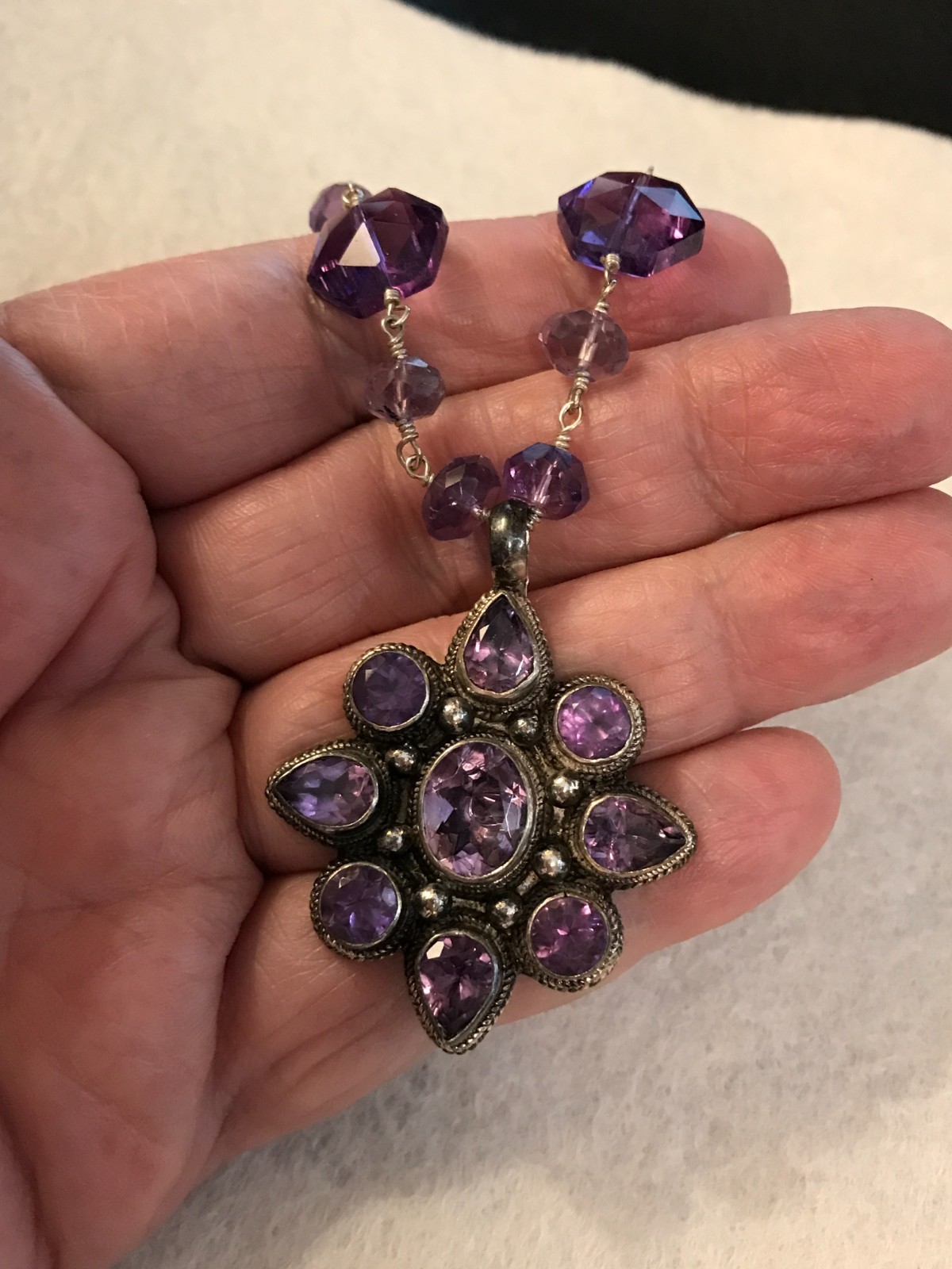 Vintage Faceted Amethyst Flower 16″ Sterling Silver Toggle Necklace Unknown Mark