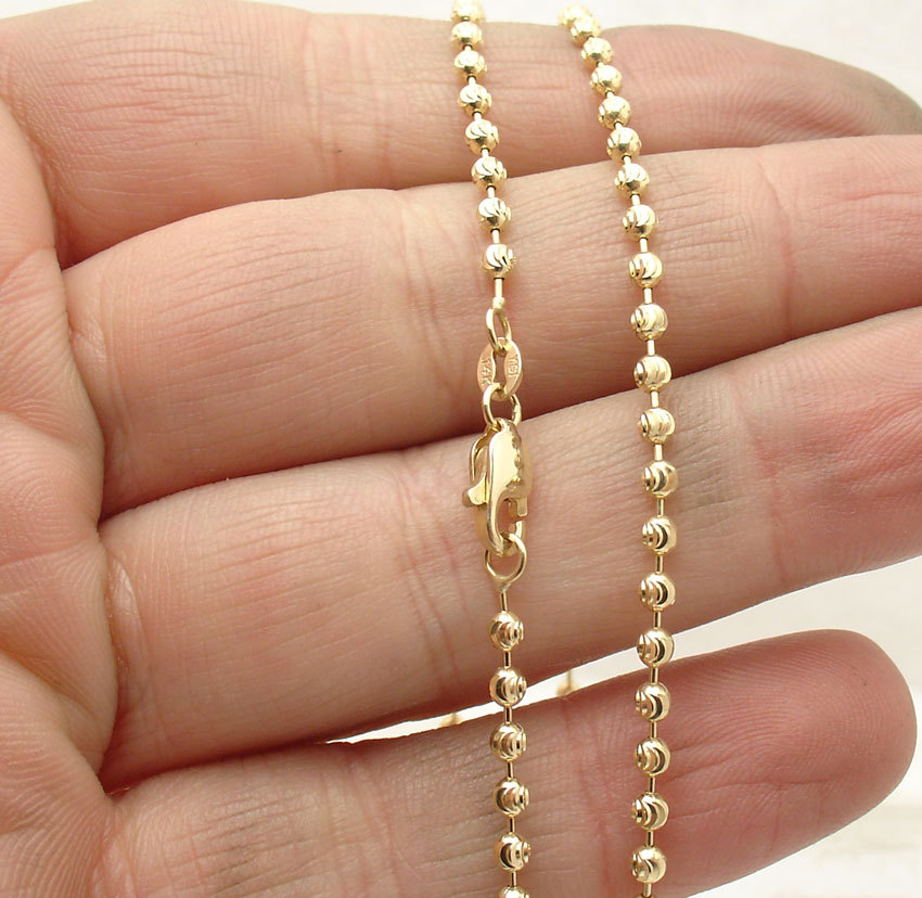 2.5mm Solid Half Moon Diamond Cut Bead Ball Chain Necklace REAL 14K Yellow Gold