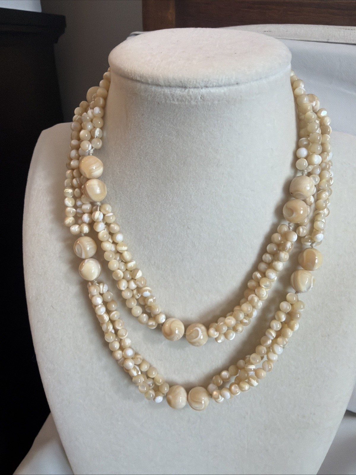 Caramel Mother of Pearl bead long knotted Necklace 28 inches