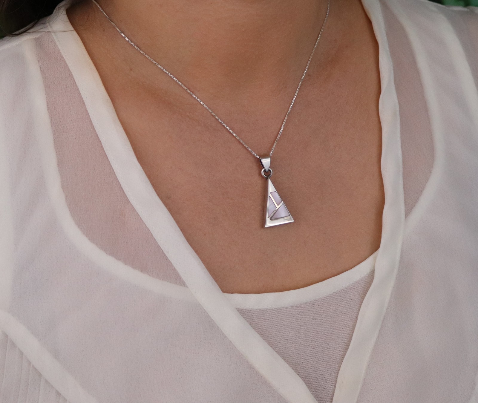 Pendant Only Sterling Silver Mother of Pearl Triangle Pendant 1 1/4″ x 1/2″ inch