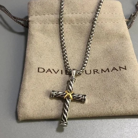 David Yurman Sterling Silver + 14k Gold Cross Pendant, DY 18-20” Necklace