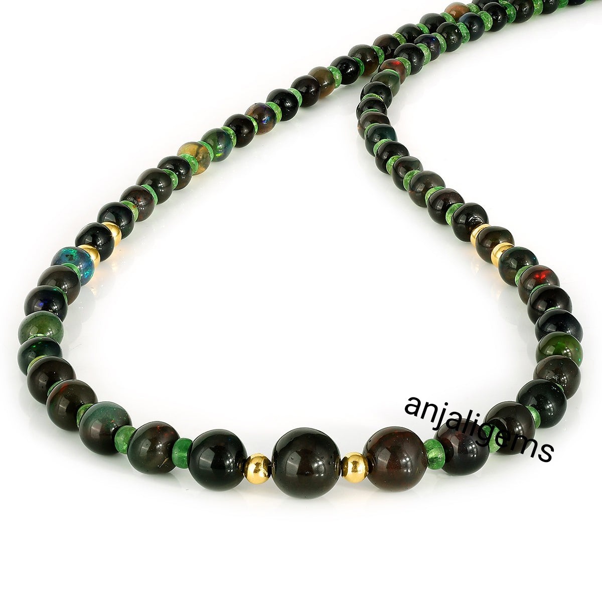 AA+ Natural Black Ethiopia Opal And Emerald Gemstone Beads Necklace In 925Silver