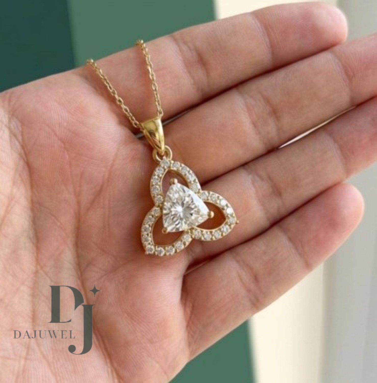 2.80 Carat Trillion Cut Moissanite Floral Wedding Pendant Solid 14K Yellow Gold