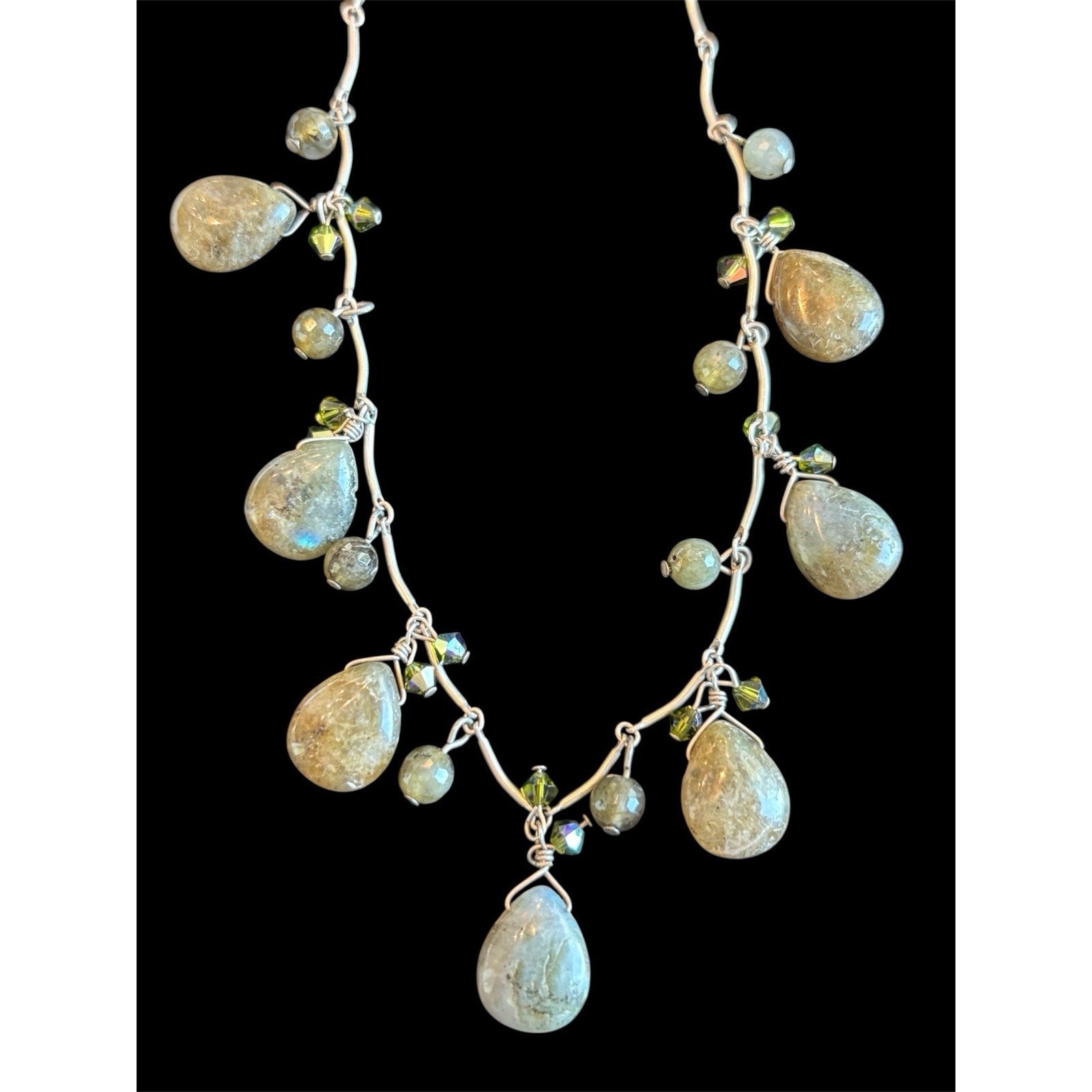 Sterling Silver Bar Link 16” Necklace With Moss Green Agate Dangles 925