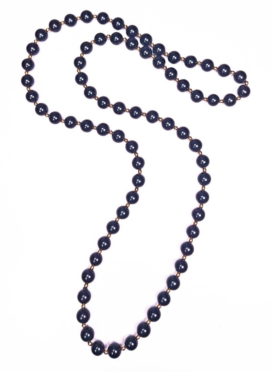 14K Yellow Gold Black Onyx Beaded Ball Necklace 29″ Long Estate 52.23g Vintage
