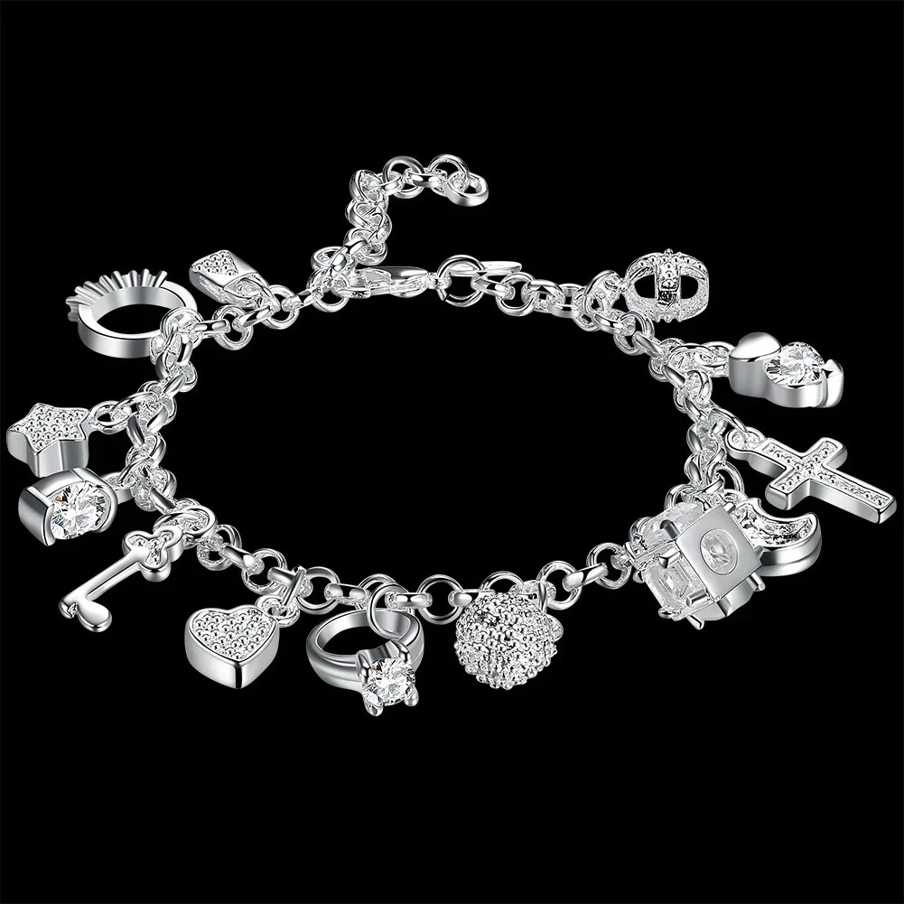 Fashion 925 Sterling Silver Bracelet for Woman Pretty Heart Zircon Pendant Chain