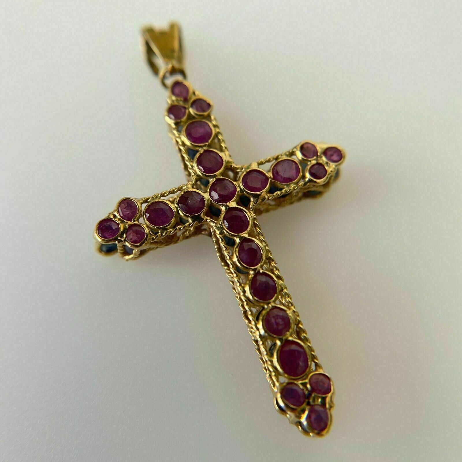3Ct Round Cut Red Ruby Cross Pendant 14K Yellow Gold Finish Free Chain