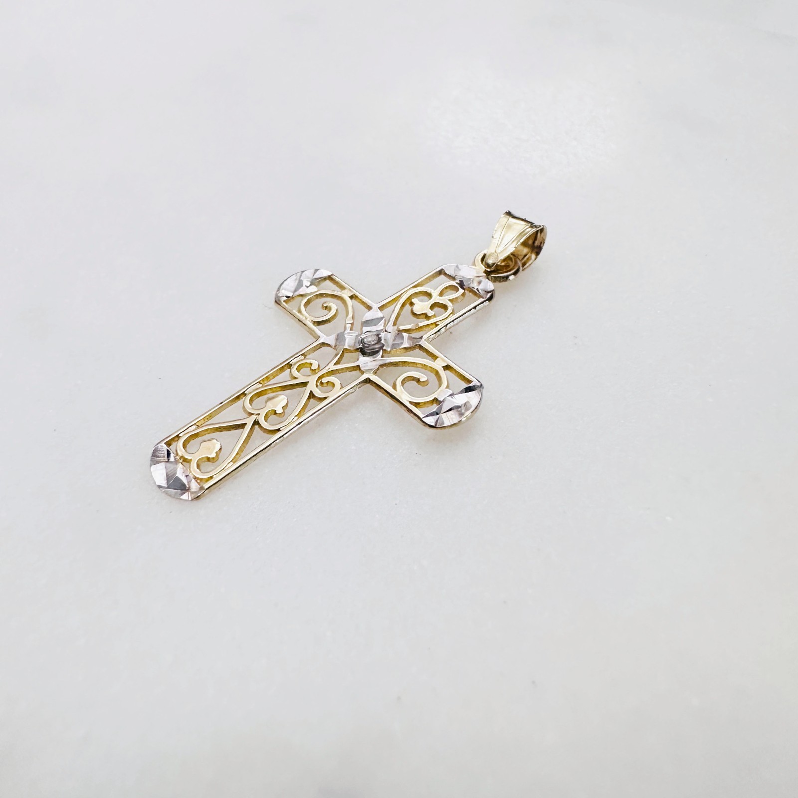 Solid 10K Multi-Tone Gold Filigree Cross Pendant w/White Sapphire Accent, 1.15″