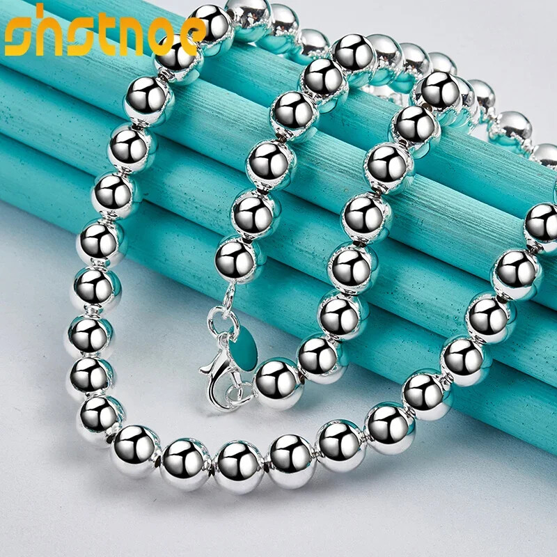 925 Sterling Silver 8mm Smooth Beads Ball Chain Necklace Fashion Fine Jewelry