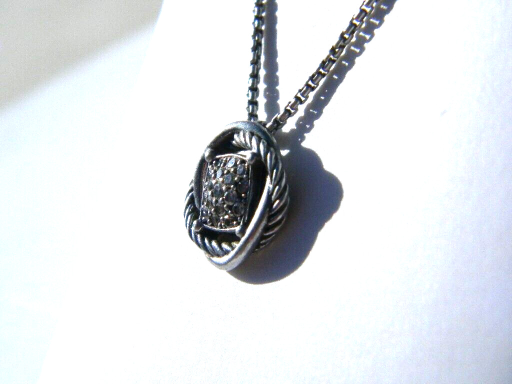 David Yurman Sterling Silver Pave Diamond Pendant Necklace 18”