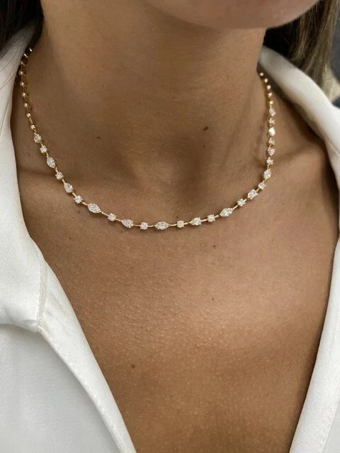 5 CT Pear Cut White Moissanite Women’s Tennis Necklace 14K Yellow Gold Plated