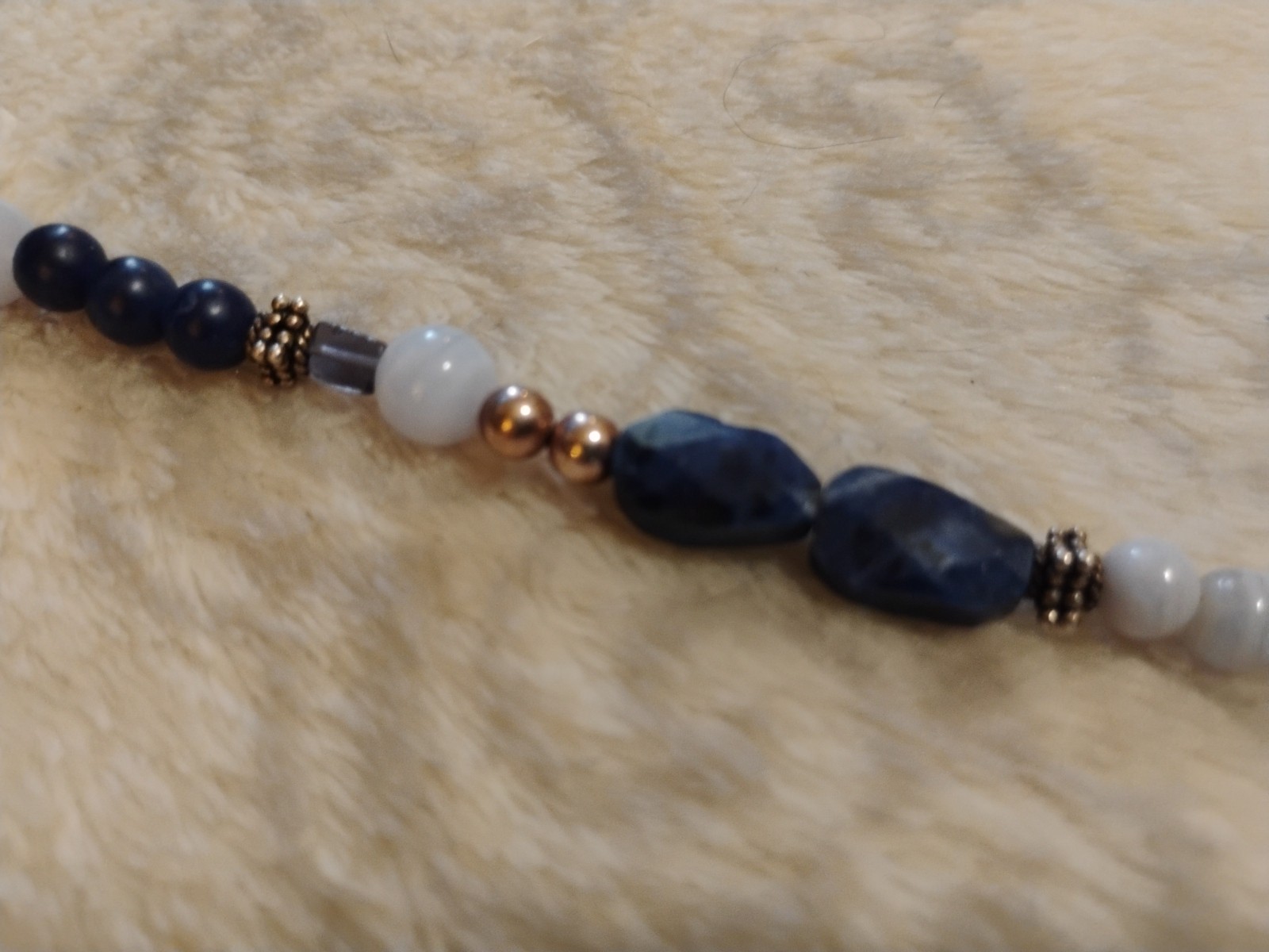 Sterling And Lapis Necklace MOP Silver Beads 36in Unique Handmade Beautiful