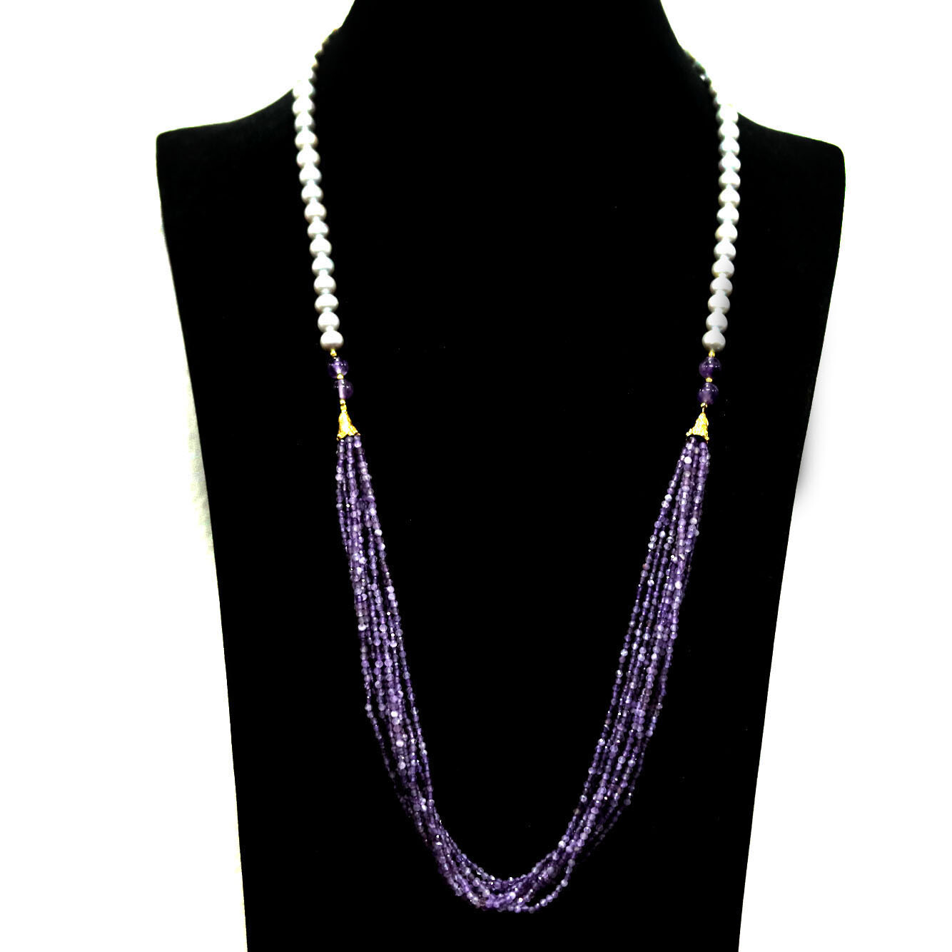 Unheated Purple Amethyst & White Baroque Pearl 32in 925 Sterling Necklace