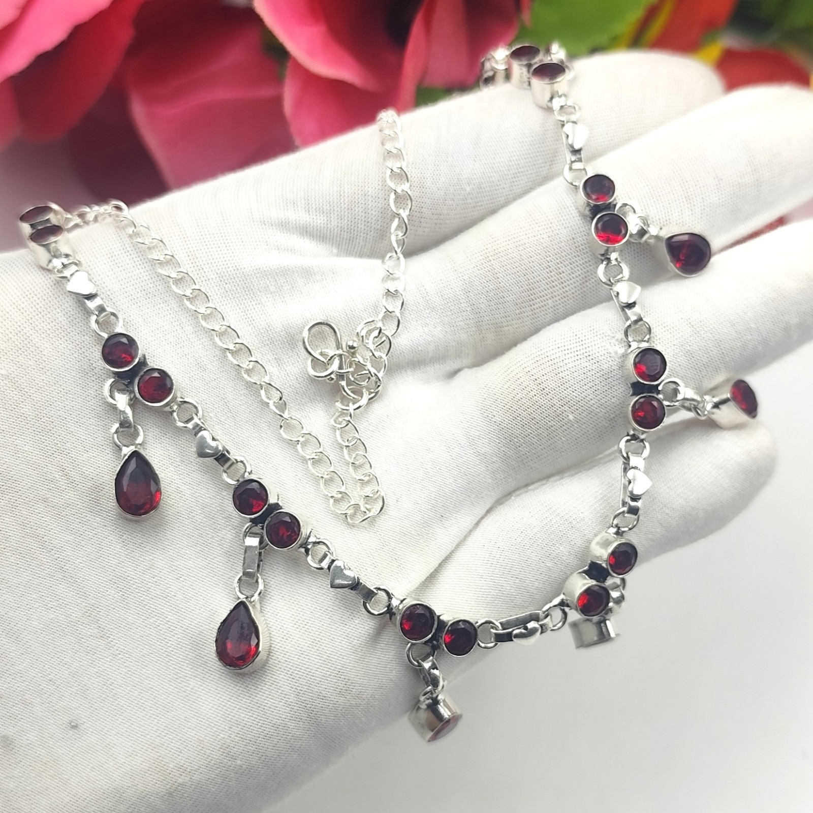 Red Garnet Gemstone Handmade 925 Sterling Silver Jewelry Necklace Size-17-18″