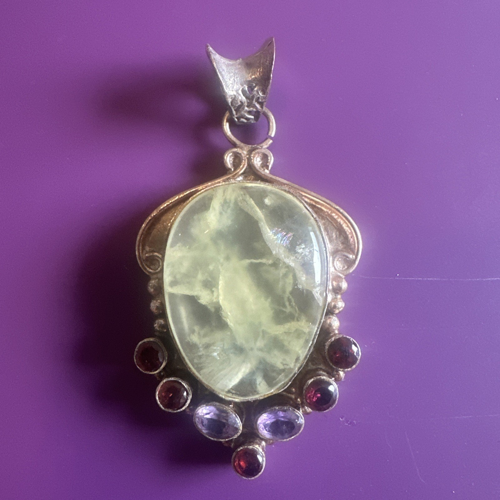 Vintage 925 Sterling Silver 2.5″ Lemon Quartz Garnet Amethyst Statement Pendant