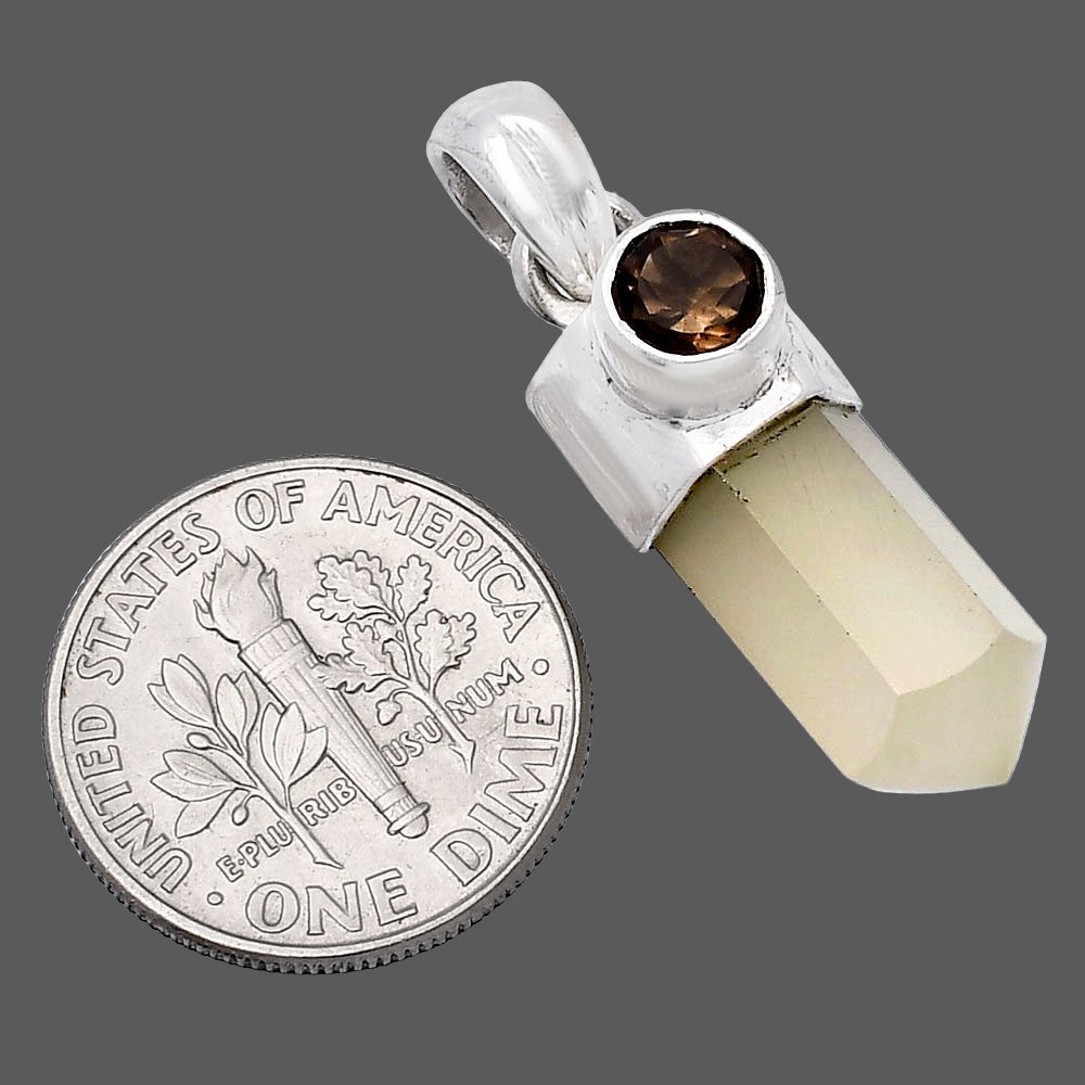 Milky Lemon Quartz Point & Smoky Quartz 925 Silver Pendant Jewelry P-1107