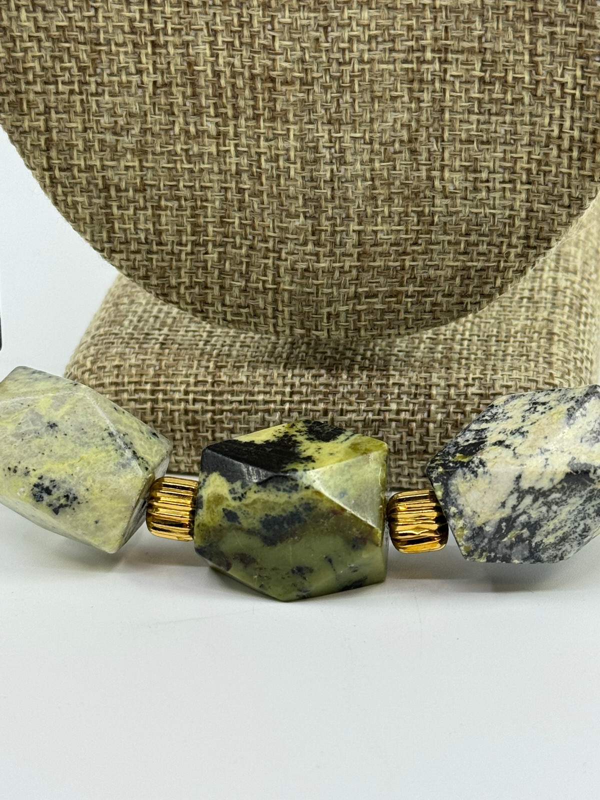Statement 10 mm Hexagon Ocean Jasper and Gold Tone Bead Necklace 24 Inch
