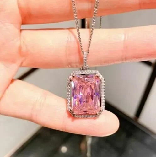 3Ct Emerald Cut Lab Created Sapphire Women Pendant 14K White Gold Plated Silver