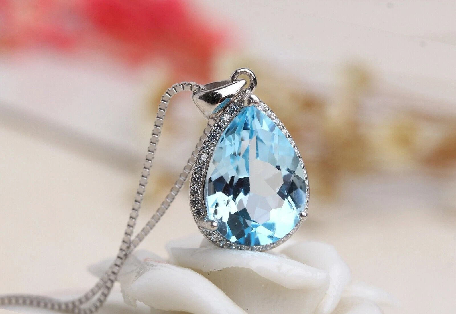 2.00Ct Pear Cut Lab Created Aquamarine Halo Pendant 14K White Gold Silver Plated