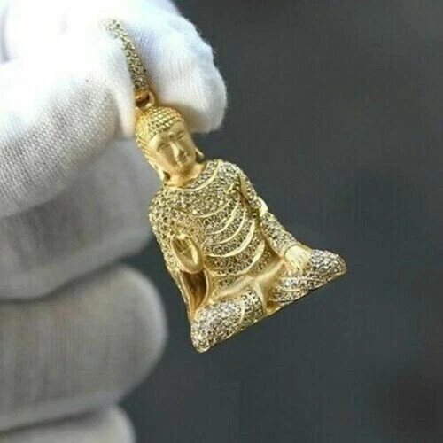 2CT Round Cut Lab Created Diamond Buddha Pendant 14K Yellow Gold Plated