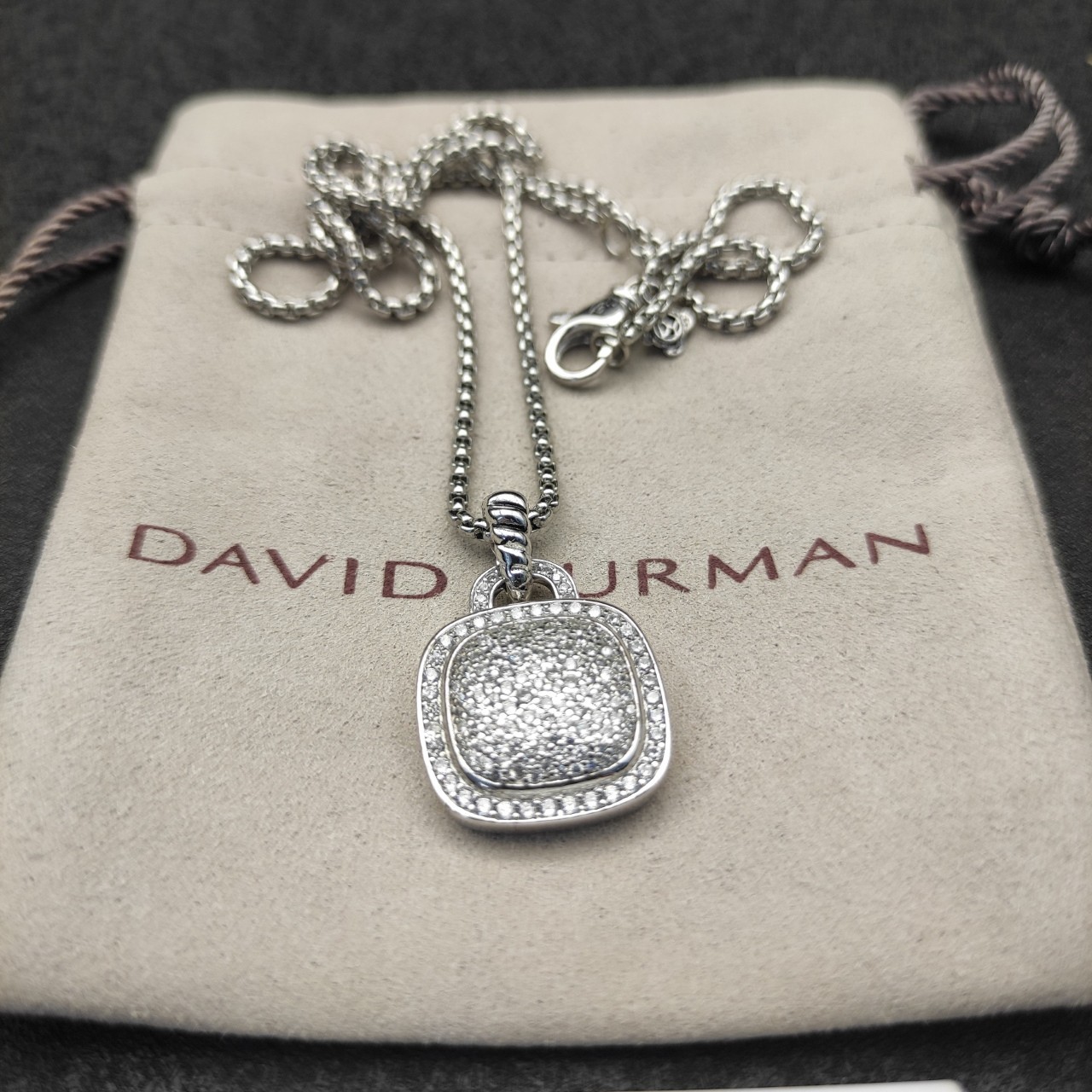 David Yurman Sterling Silver 14mm Pave Diamond Albion Pendant & Necklace 18 inch
