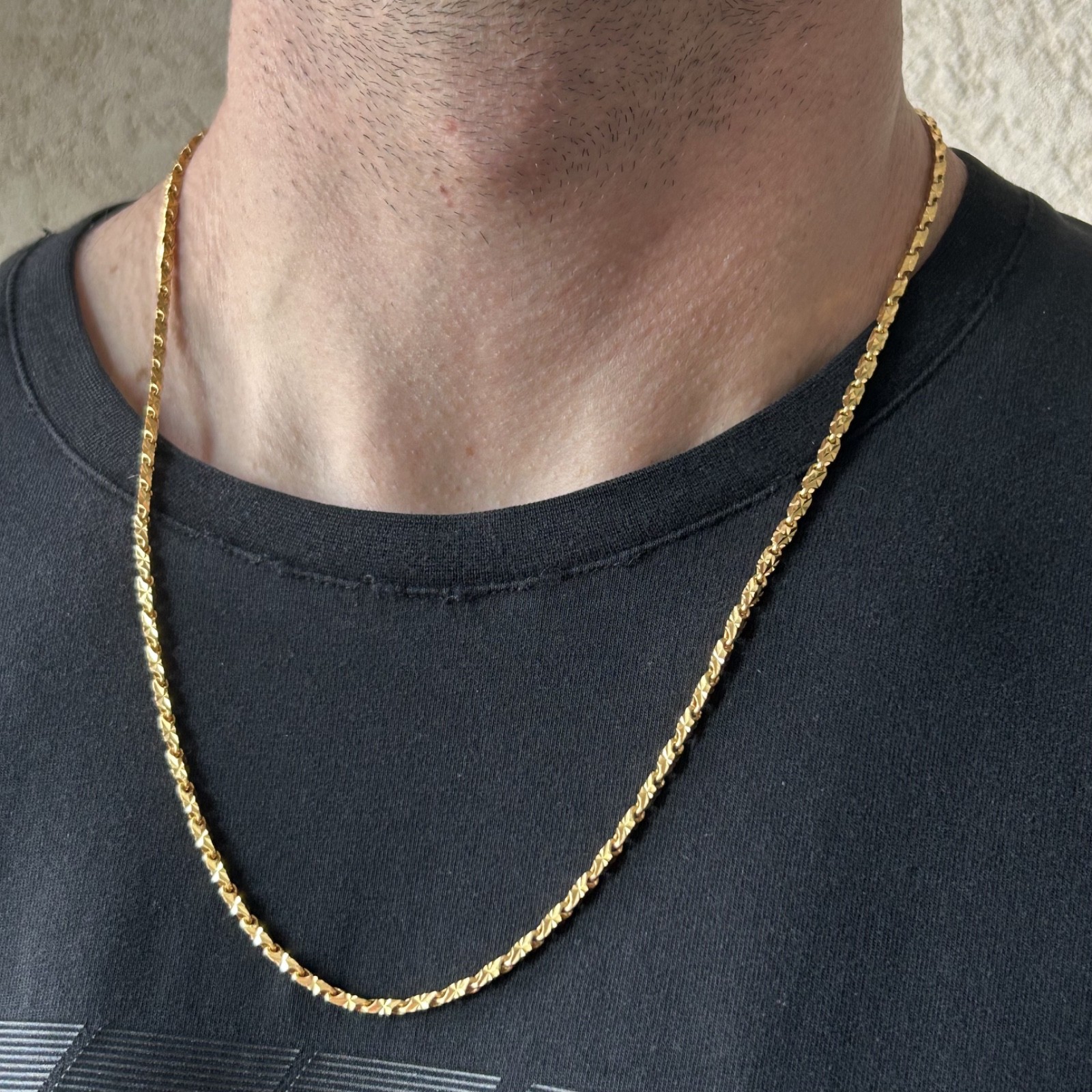 21K Solid Yellow Gold Box Bar Link Chain Necklace