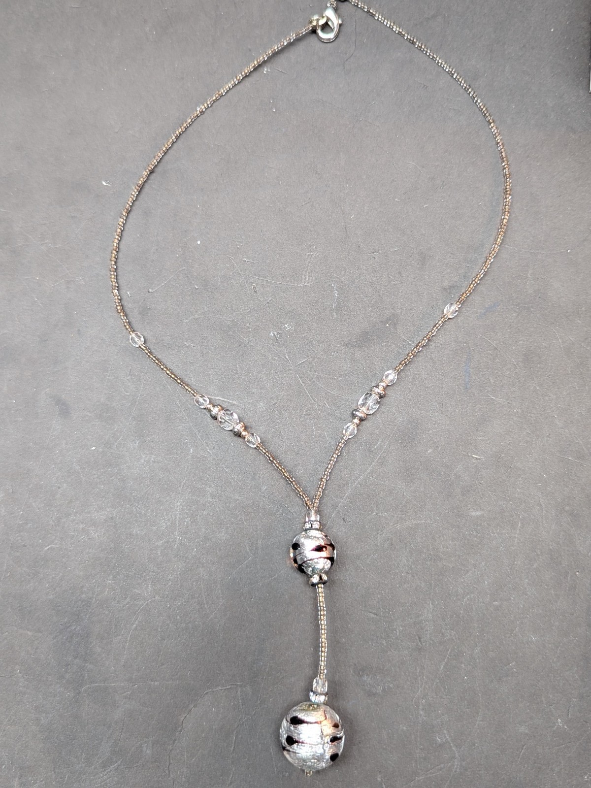 Clear Glass Beads Chain with Silver Plastic Tassels Pendant Lobster Lock 18 Inch