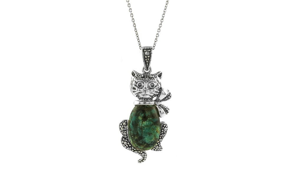 925 Sterling Silver Genuine Marcasite Turquois Kitten Pendant Necklace – 18″