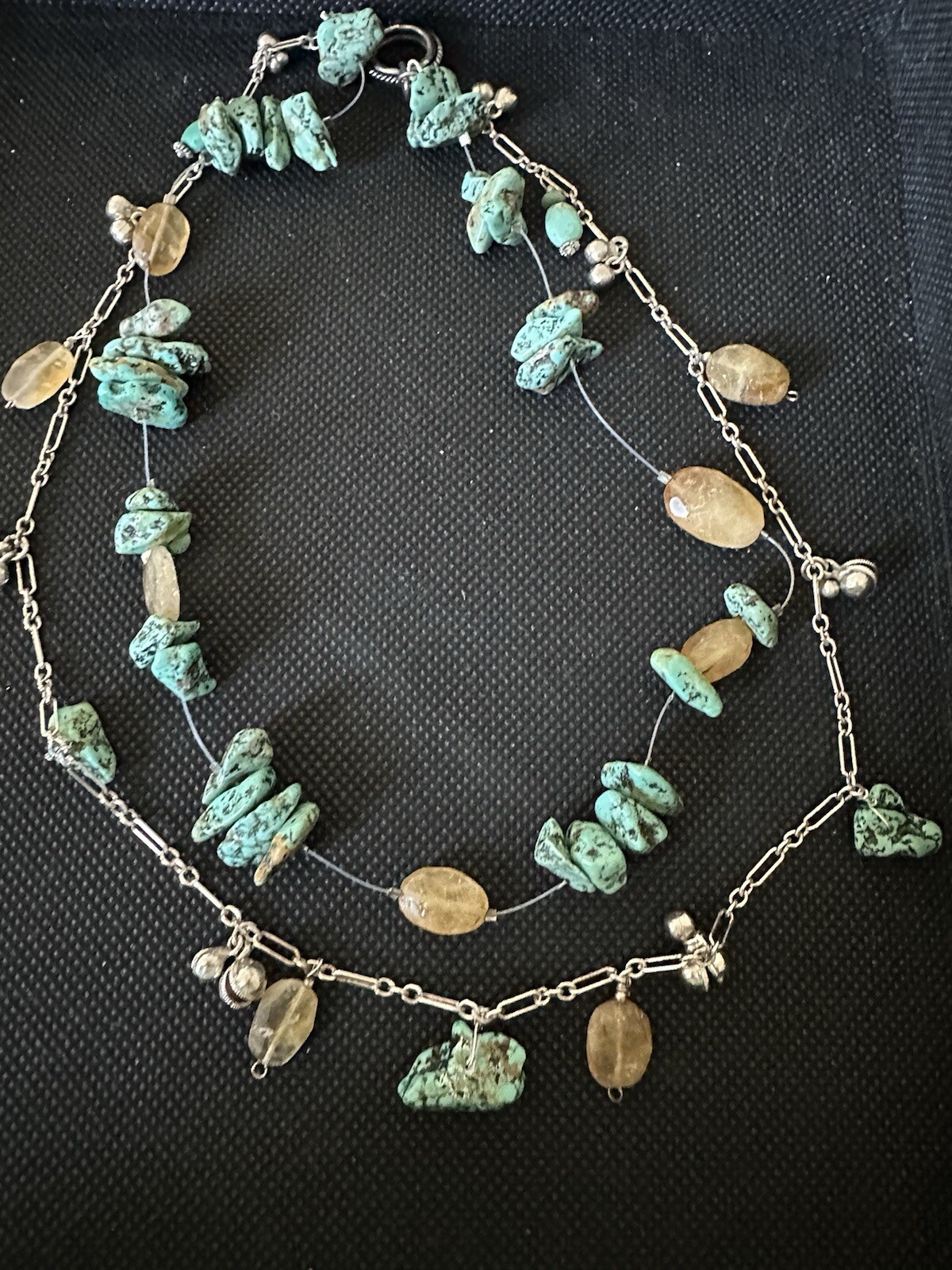 DOUBLE ROW STERLING PAPERCLIP CHAIN W/TURQUOISE NUGGETS & CITRINE NECKLACE