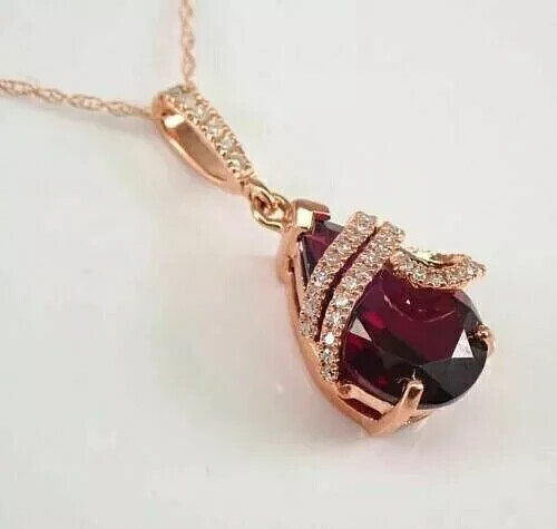 2.30Ct Pear Red Garnet/Diamond Lab Created Women’s Pendant 14K Rose Gold Plated