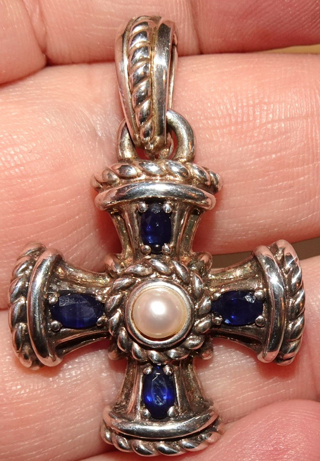 Chunky Judith Ripka Sterling Silver Sapphire & Pearl Cross Enhancer Pendant