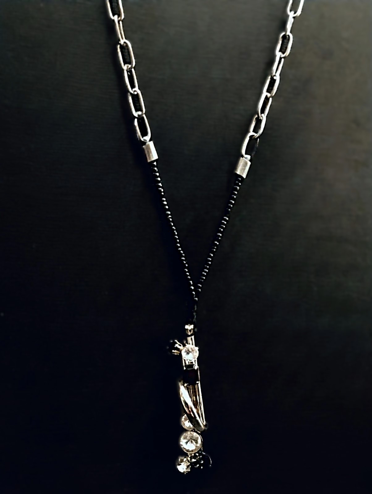 Vintage Artisan Art Deco Onyx Diamond Silver White 18k Gold Necklace Japan