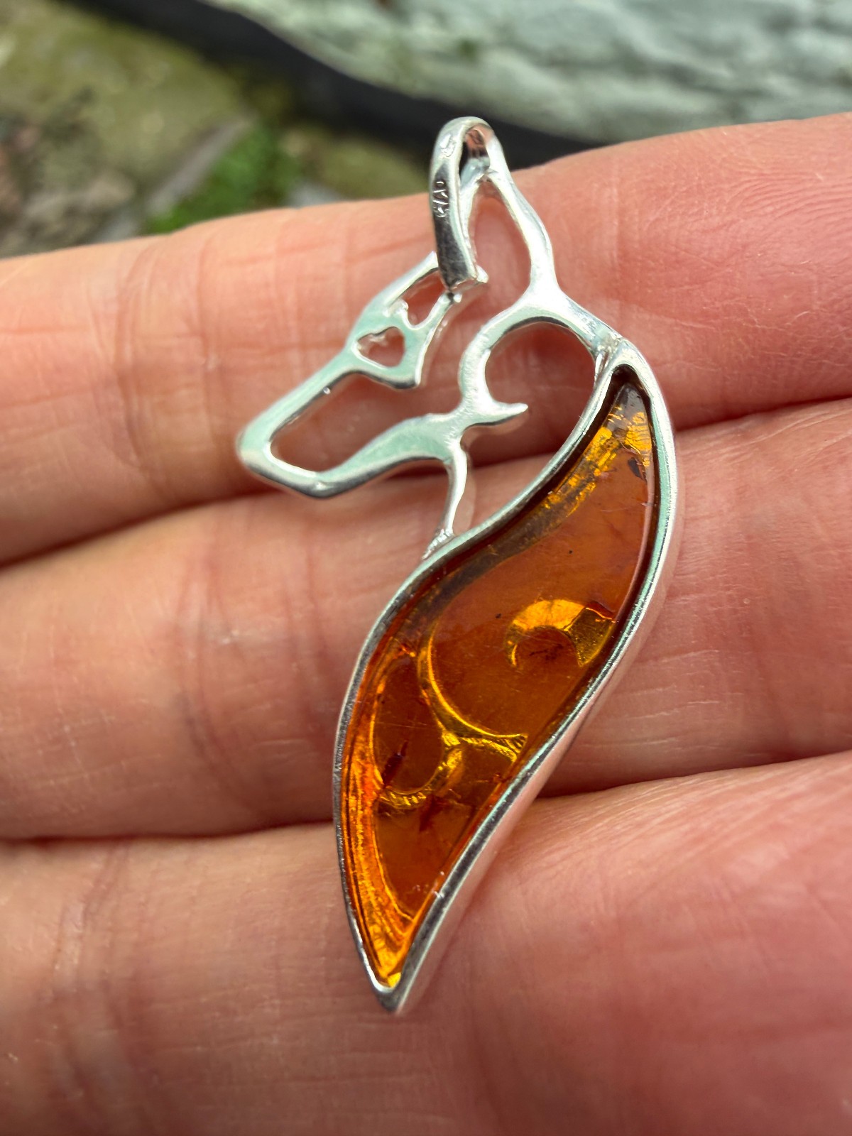 German Shepherd Dog Amber Pendant Crystal Fossil 925 Silver Lithuanian genuine