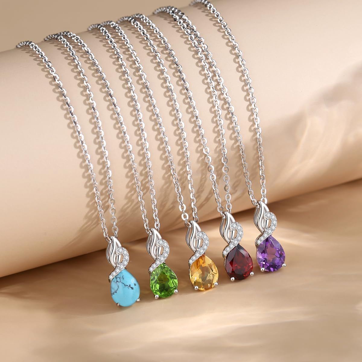 14K Solid White Gold Teardrop Pendant with Diamond Birthstone Necklace