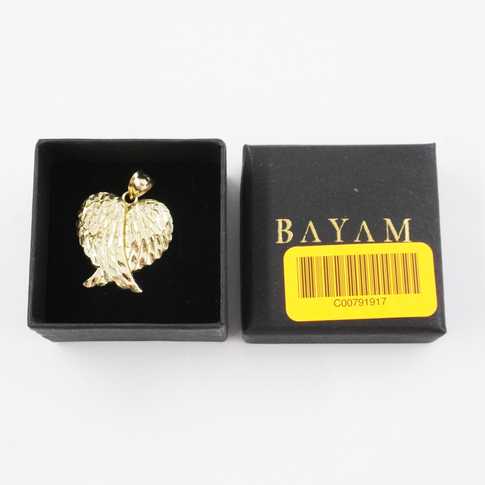 BAYAM Real 10K Yellow Gold Diamond Cut Angel Wings Heart 1 & 3/8in Pendant