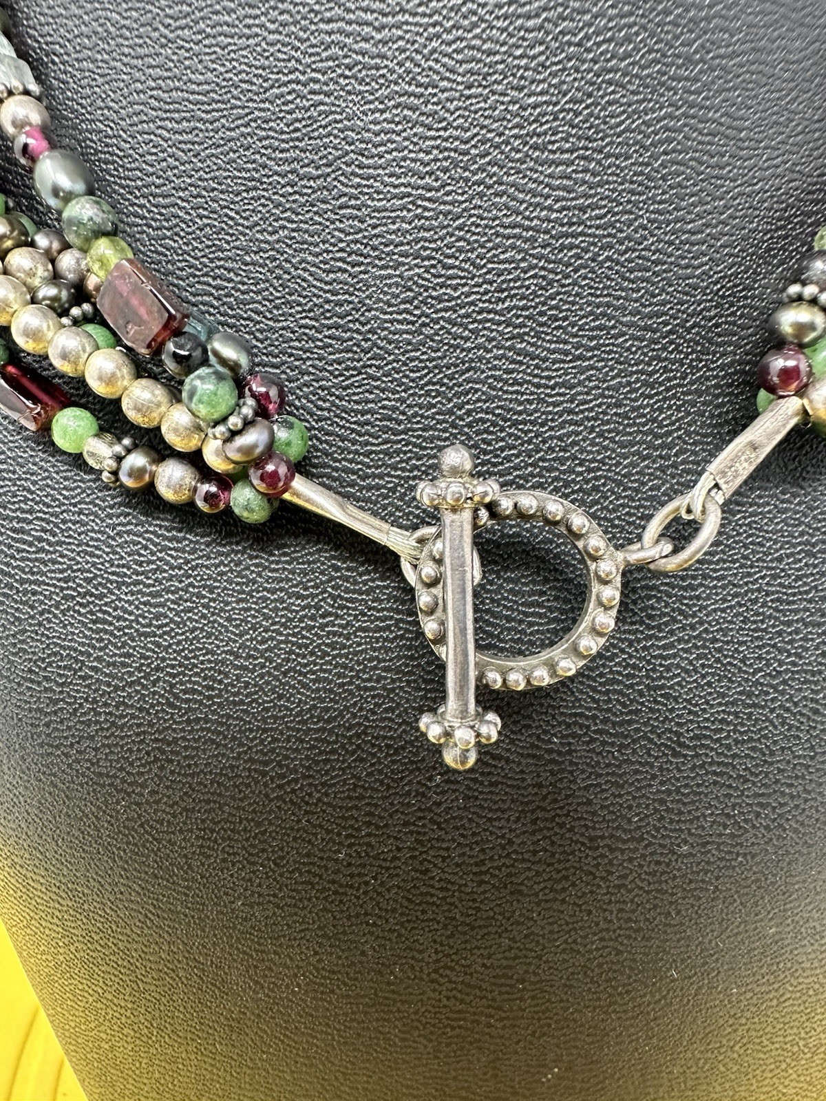 Sterling Silver Byzade Multiple Gemstone Cross Choker Necklace Elegant 87g 14in+