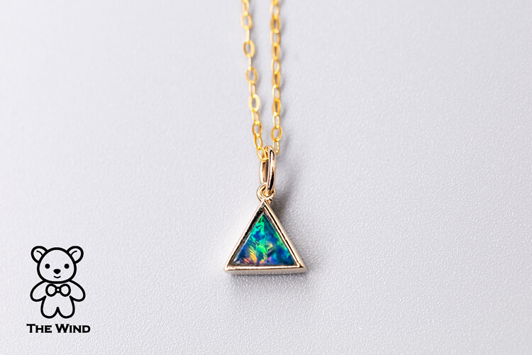 Minimalist Triangle Australian Doublet Opal Pendant Necklace 14K Yellow Gold
