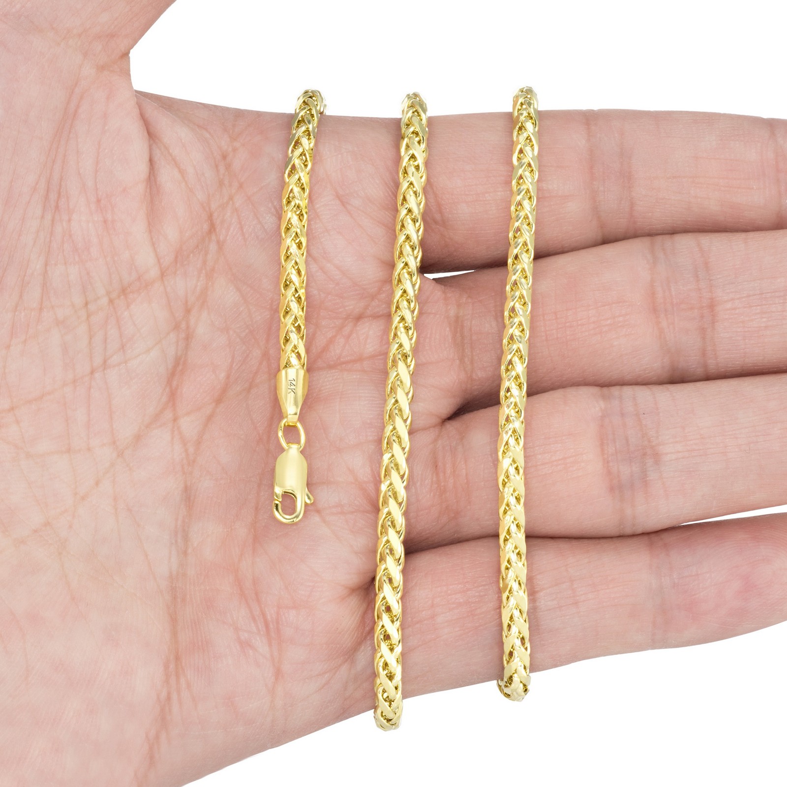 14K Yellow Gold 2.5mm-5mm Round Wheat Palm Franco Spiga Chain Necklace 16″- 30″