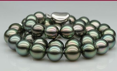 22″10-13mm natural south sea genuine black green round pearl necklace 2088
