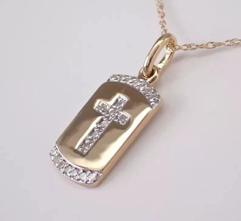 0.10Ct Round Moissanite Cross Religious Dog Tag Pendant 14K Yellow Gold Plated
