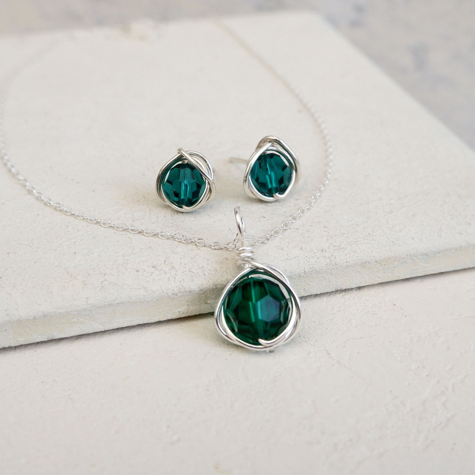 Emerald Crystal Necklace Set Sterling Silver May Birthstone Handmade Gift Box