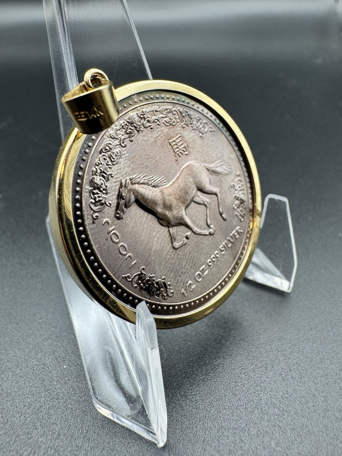 2002 Australia Lunar Horse 1/2 oz .999 Silver 50c 14K Gold Pendant Toned