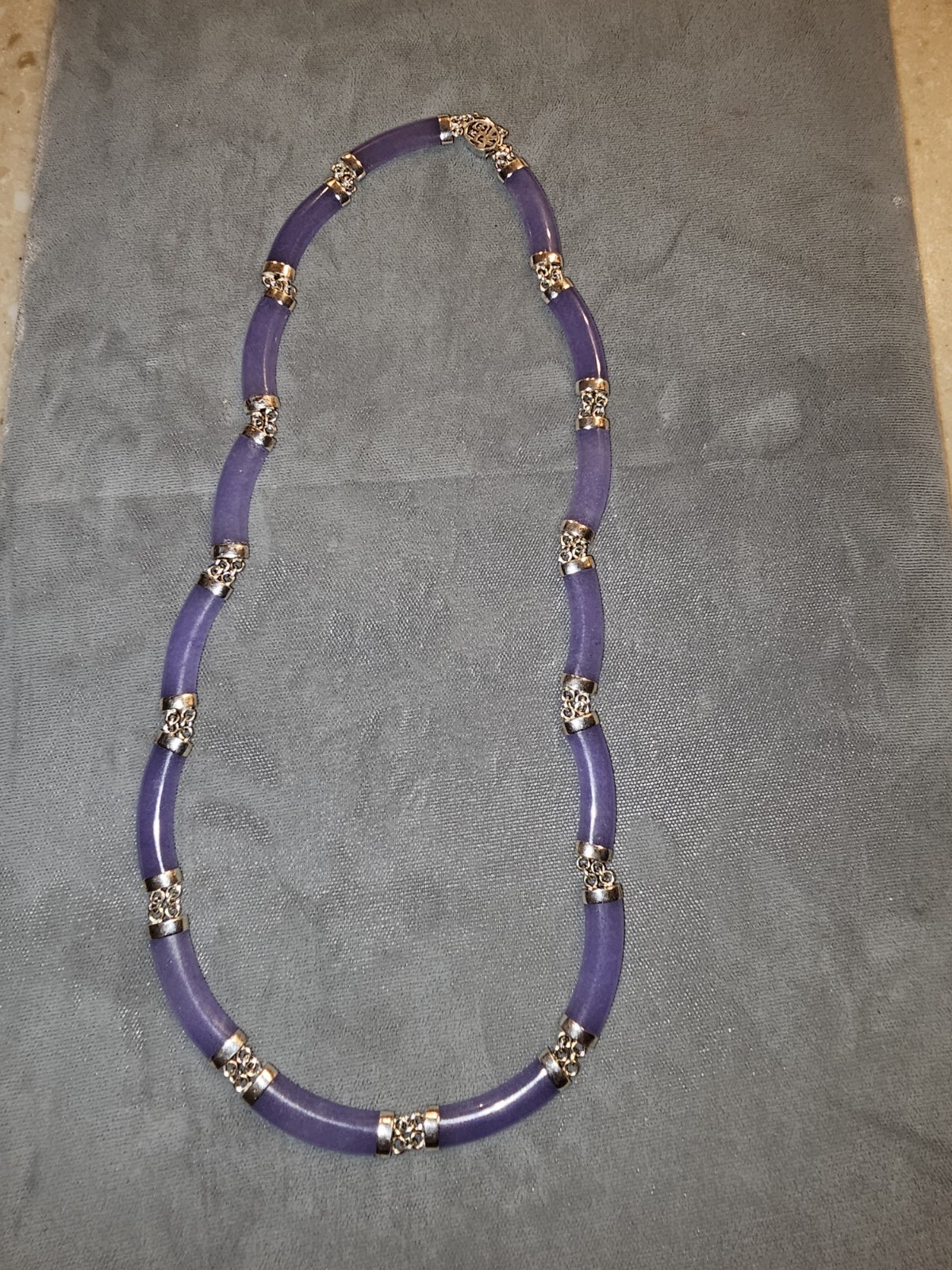 Vtg Lavender Jade Necklace, 925 Sterling, Chinese Shou Longevity Clasp, Choker.