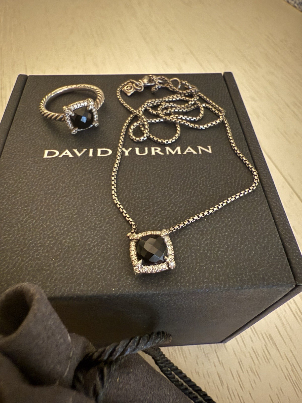 David Yurman Petite Chatelaine Onyx Pave Diamond Bezel Ring Pendant Necklace