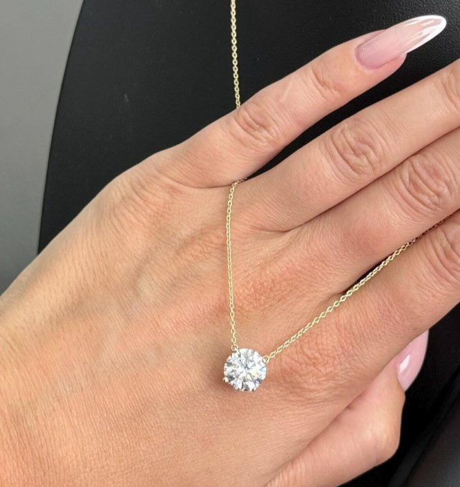 3Ct Round-Cut EF/VS1 Lab Grown Diamond Prong Necklace& Pendant 14k Yellow Gold